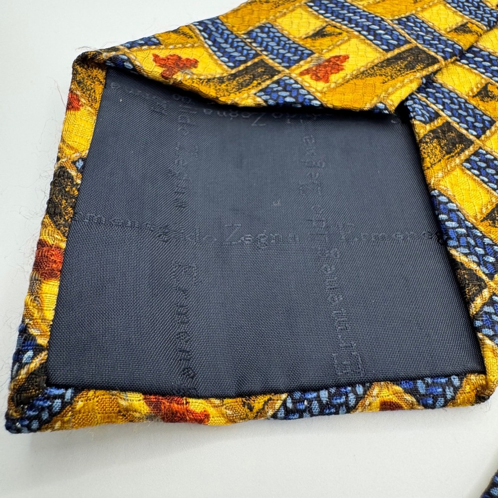 Ermenegildo Zegna Mens Silk Tie Yellow Blue Geometric Floral Weave Italy‎ Luxury - Picture 4 of 9